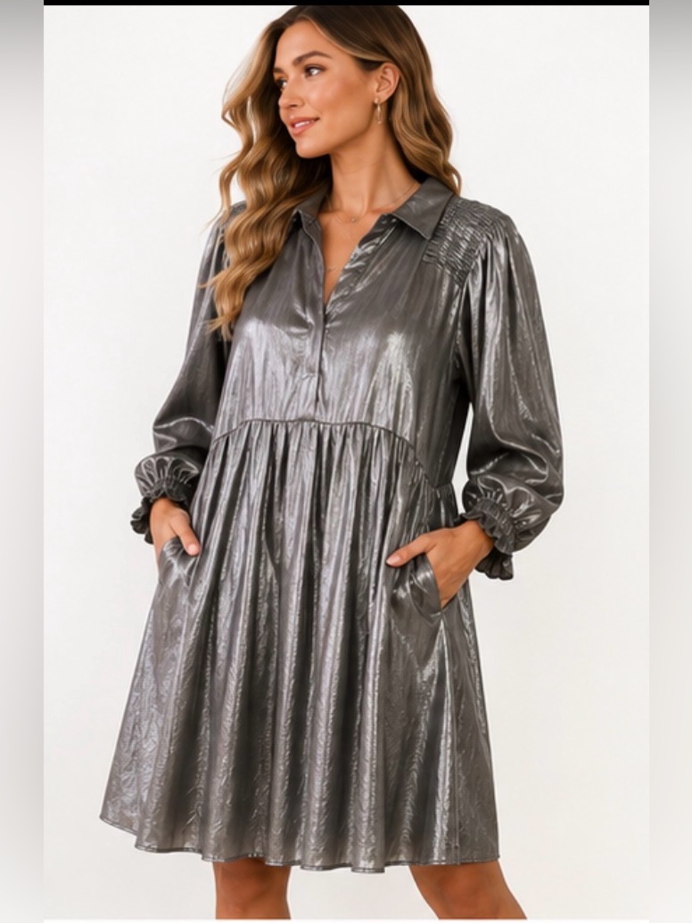 Umgee Sample NWOT Metallic Silver Babydoll Dress Balloon Sleeve Pockets S/M